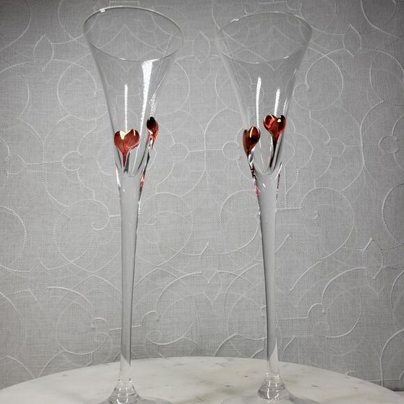 Heart Champagne Flutes 11.5" Red Bohemia Blown Glass Wedding Toast Set of 2 - Picture 15 of 16